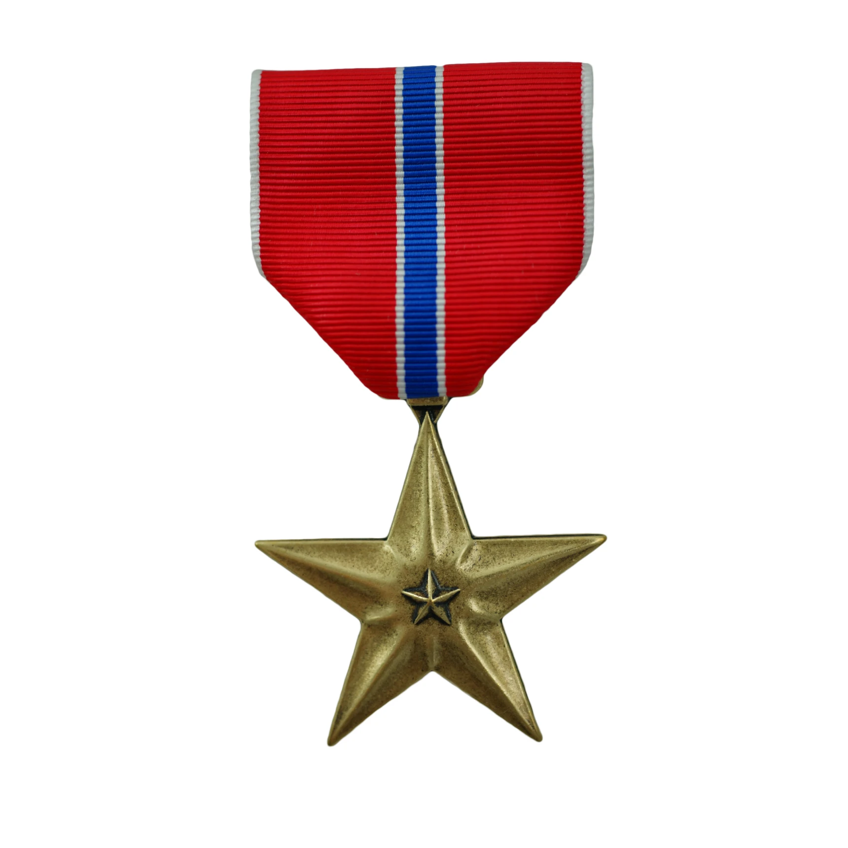 Bronze star medal with red ribbon.